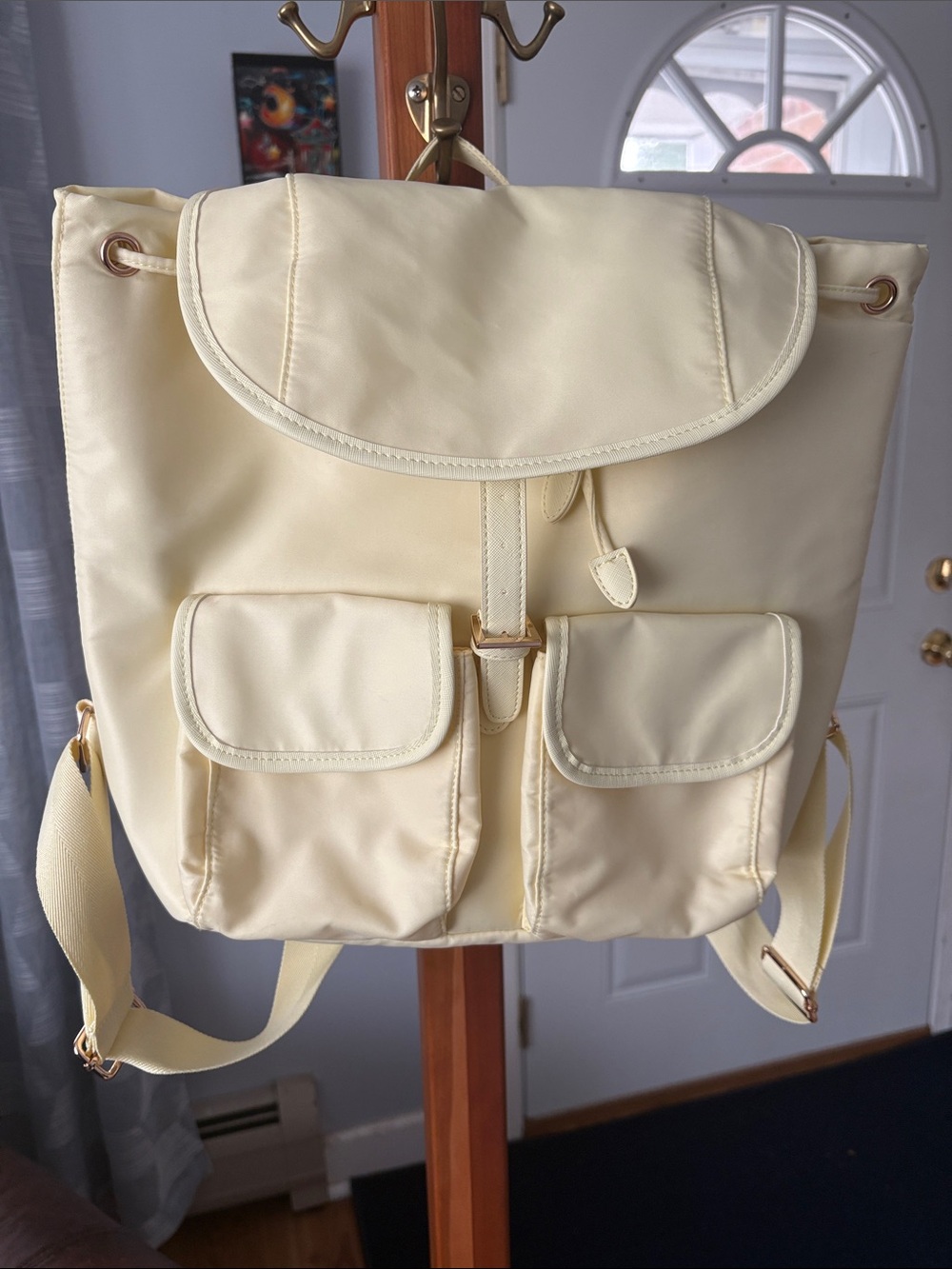 Year of Ours Pale Cream Nylon Drawstring Backpack with Front Pockets